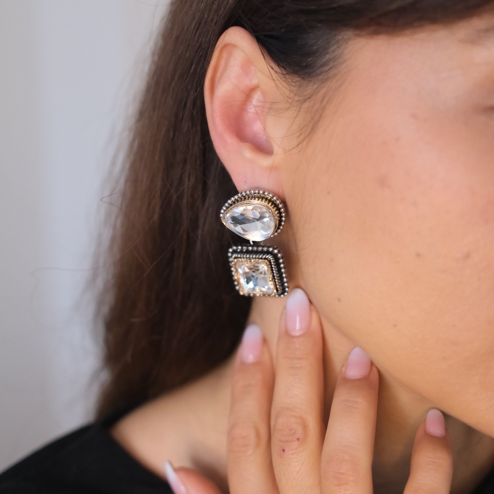 Geometrik Kristal Duo Küpe | Statement Jewelry - 2. görsel